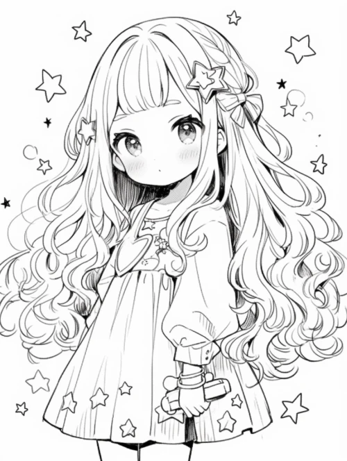 Cartoon girl with long hair and stars by Midjourney