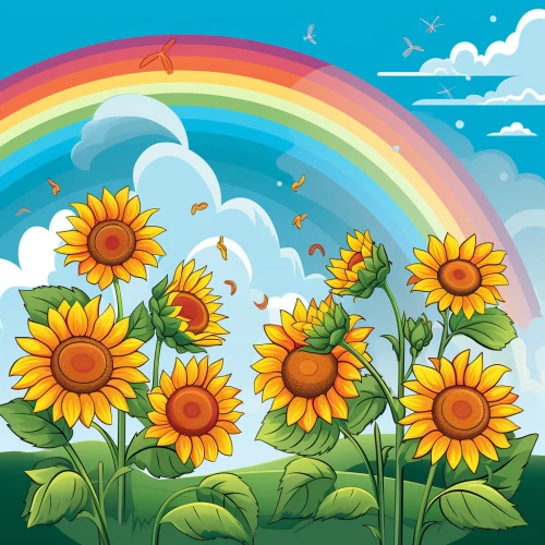 Rainbow and sunflowers in a field by Midjourney