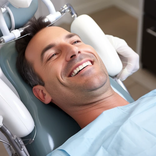 Smiling man in dental chair by Midjourney