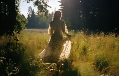 Woman in a white dress walking through a field by Midjourney