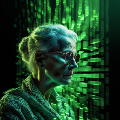 Older woman in a Matrix-style setting by Midjourney