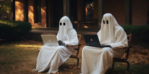 Two ghosts sitting in the chairs with laptops by Midjourney