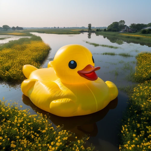 Large inflatable duck in a river by Midjourney