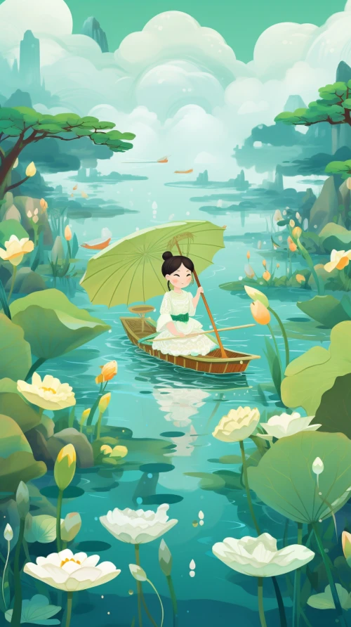 Cartoon of a woman in a boat with an umbrella by Midjourney
