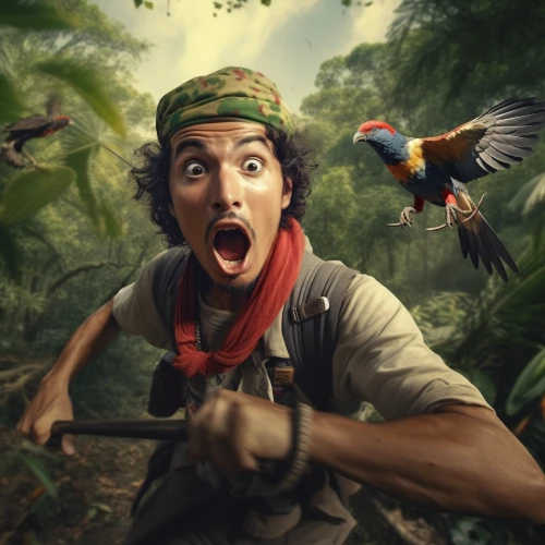 Man in a forest with a bird flying by Midjourney
