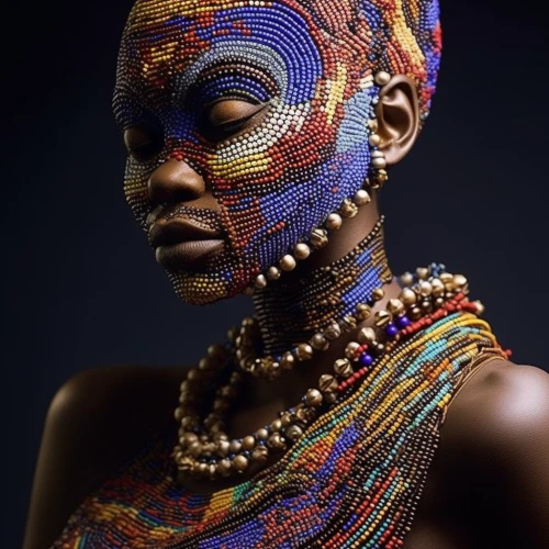 Beaded woman wearing a colorful head jewelry by Midjourney