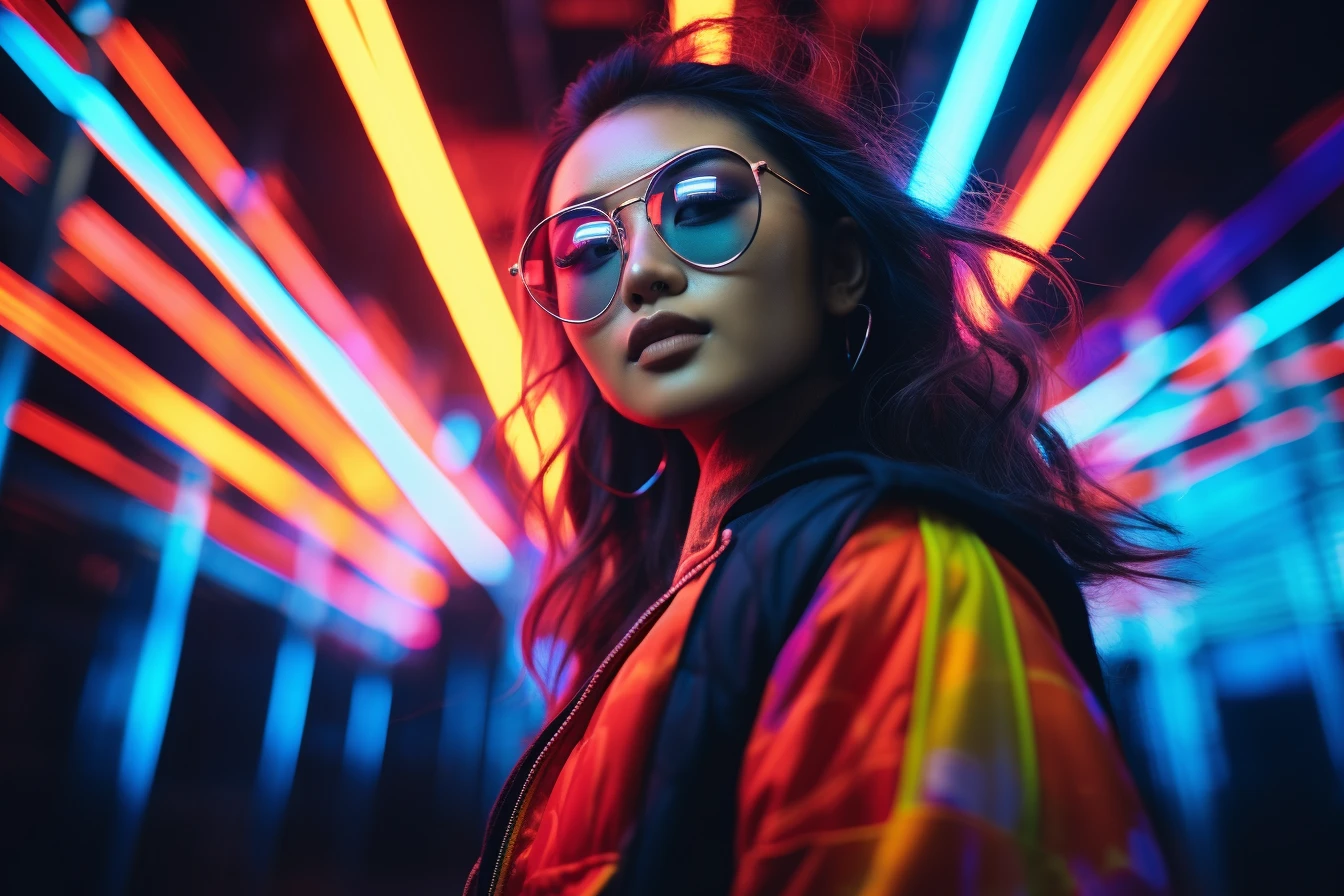 Photo portrait of woman in neon lights – Midjourney Prompt