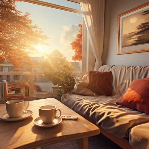 Cozy living room with a coffee table and two cups during autumn sunny day by Midjourney