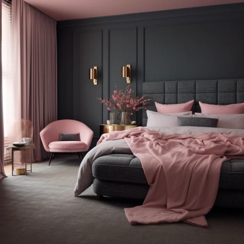 Bedroom in pink and dark grey colors by Midjourney