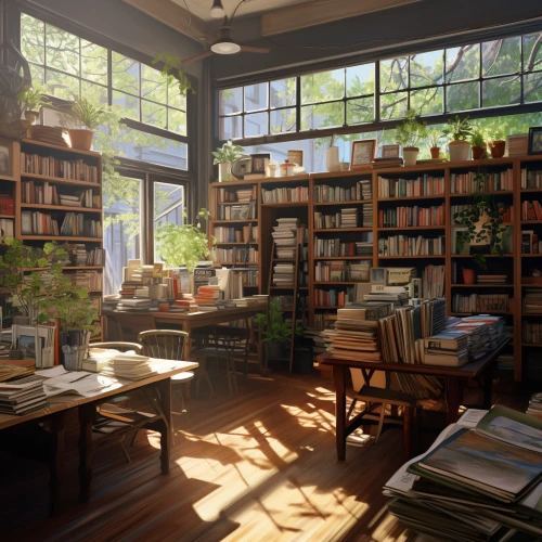Cozy bookstore in a sunlight morning by Midjourney
