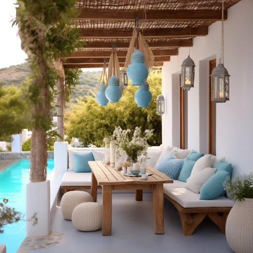 Mediterranean patio in wooden blue and white by Midjourney