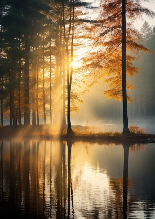 Misty forest in autumn sunset reflecting in a lake by Midjourney