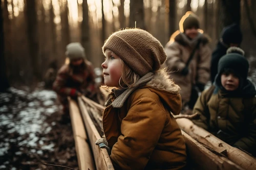 Group of children in a winter forest by Midjourney