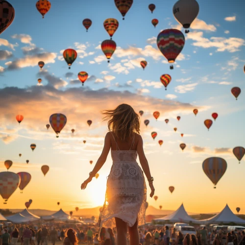 Woman in a white dress walking towards a large crowd and air balloons by Midjourney
