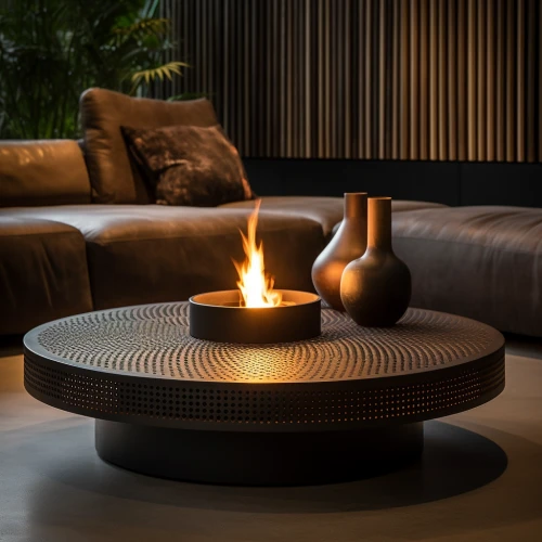 Fire pit table in a room by Midjourney