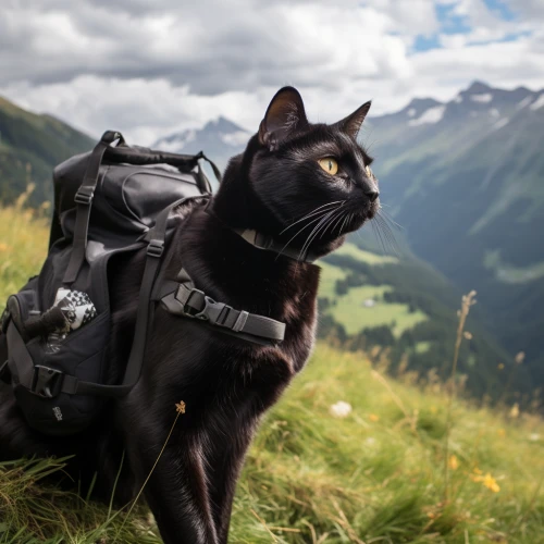 Black cat with a backpack hiking on a mountain by Midjourney