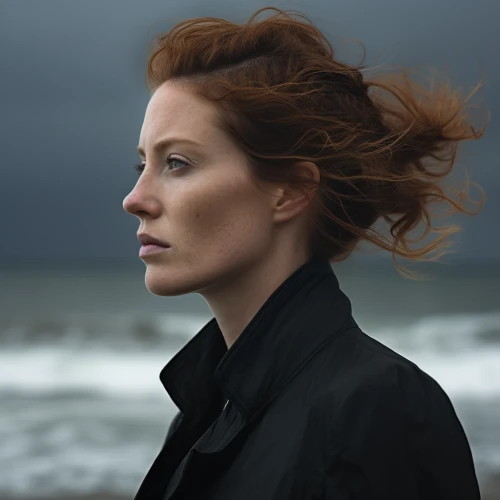 Woman with red hair portrait near the sea by Midjourney