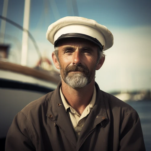 Man in a white boat captains hat in front of a marina by Midjourney