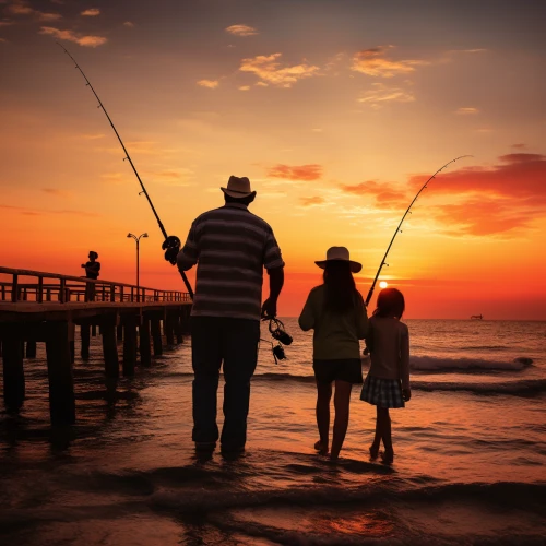Man and girls fishing at the beach by Midjourney