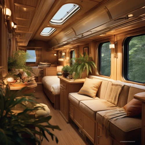Private train room with a couch and plants in it by Midjourney