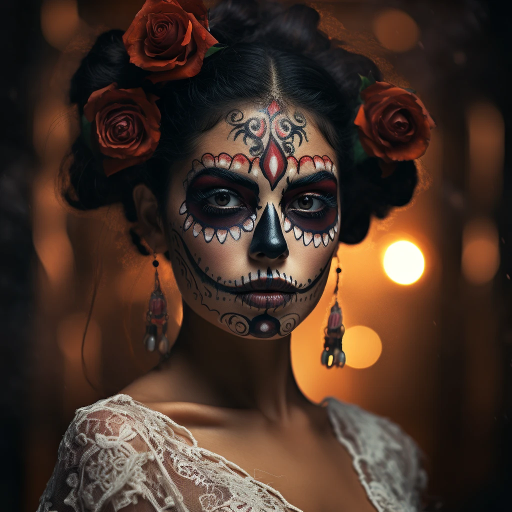 Spanish woman with face paint and roses in h... – Midjourney Prompt