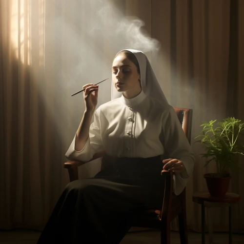 Young nun smoking in the room by Midjourney