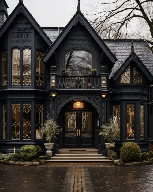 Hermes style black house with a large front door by Midjourney