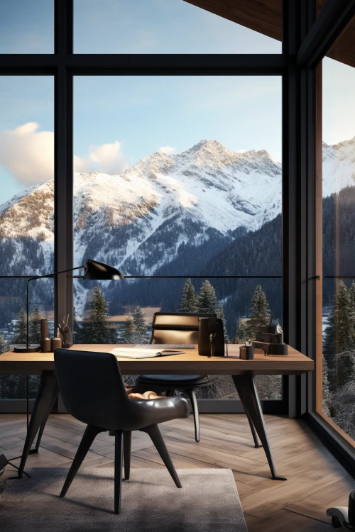 Room with workspace and snow covered mountains by Midjourney