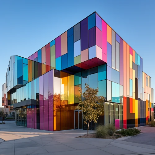 Modern cubist building with colorful glass by Midjourney