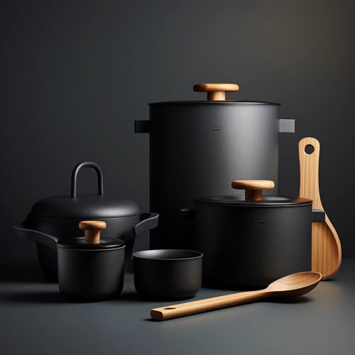 Contemporary line of cookware with black metal handles in Scandinavian design by Midjourney