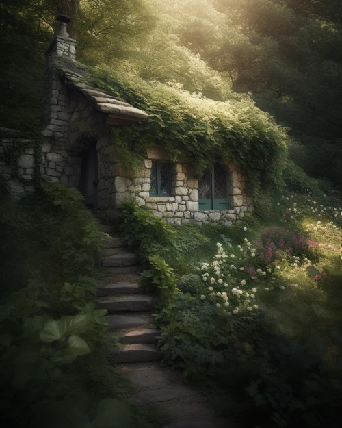 Stone house with a staircase in the forest by Midjourney