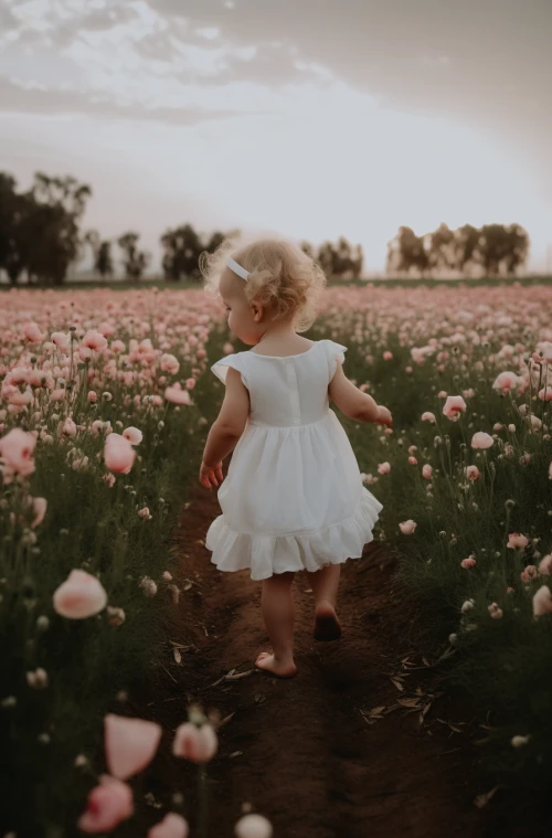 Child walking in a field of pink flowers by Midjourney
