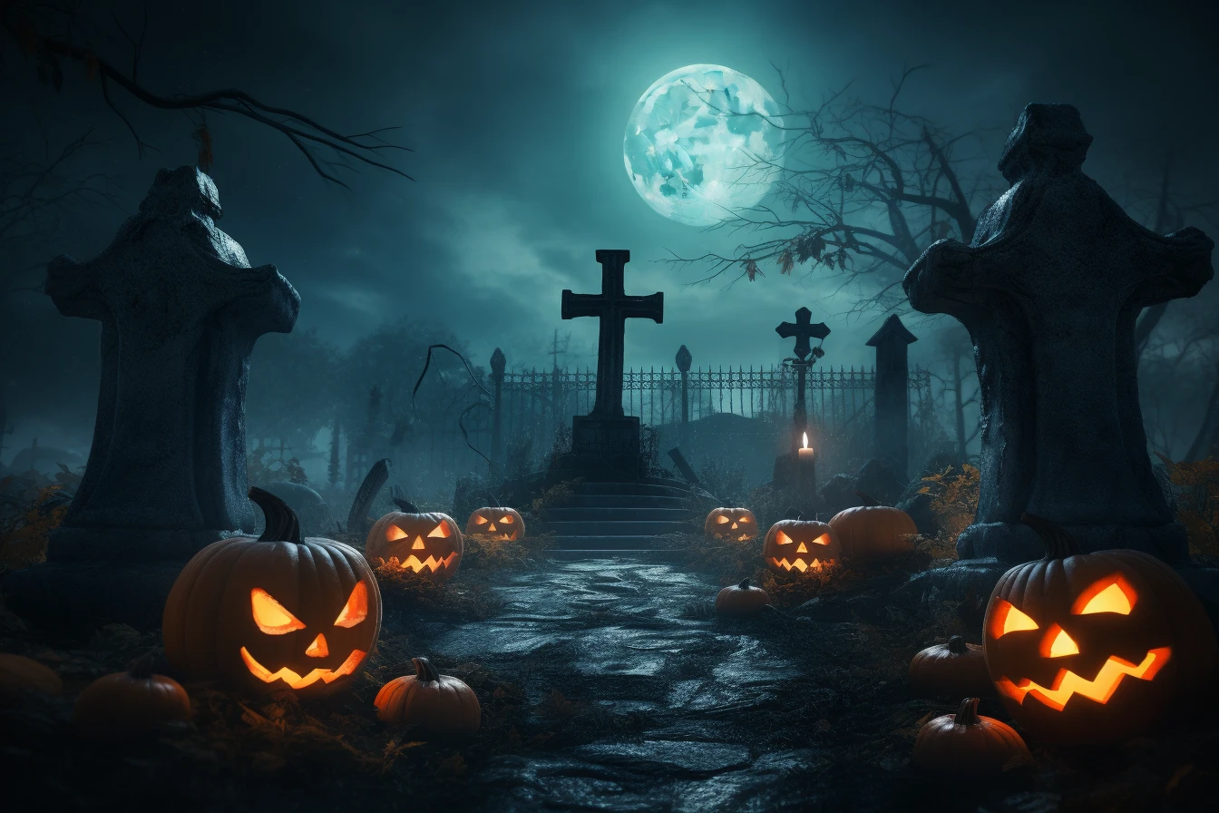 Cemetery with pumpkins and a cross – Midjourney Prompt