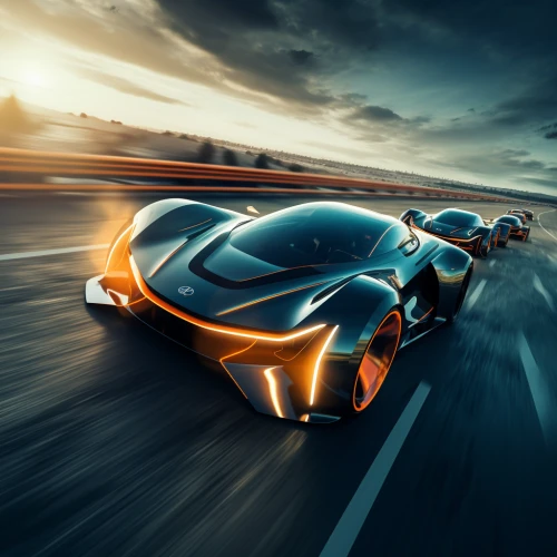 Futuristic sports cars driving on a road by Midjourney