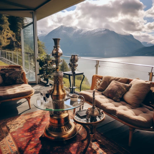 Hookah in the balcony with a view of a lake and mountains by Midjourney