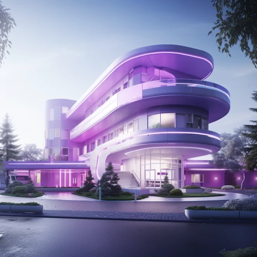 Futuristic nursing home in purple brand colors by Midjourney