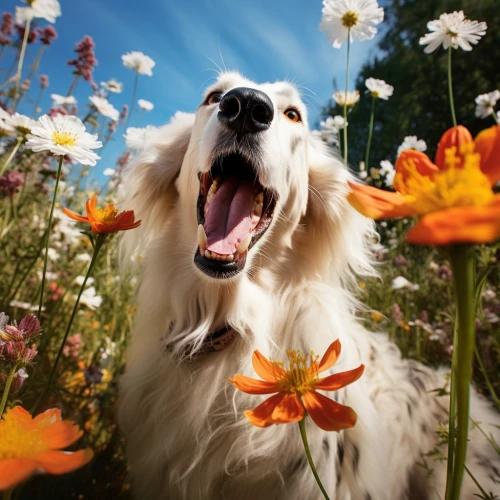 Borzoi dog in a field of flowers by Midjourney