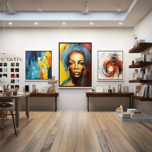 Art space interior with paintings on the walls by Midjourney