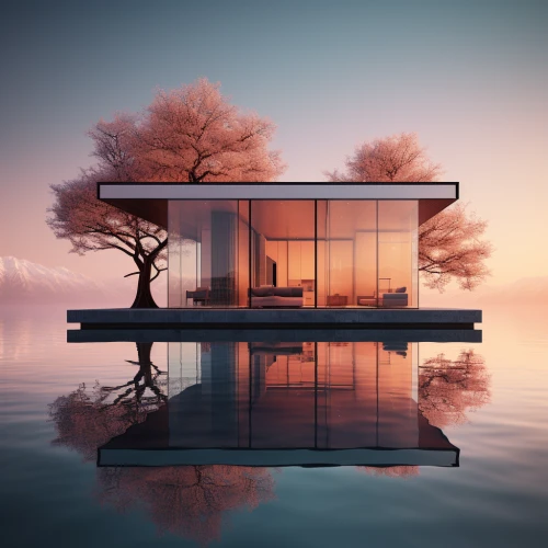 Glass house on the water by Midjourney