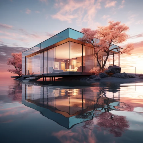 Modern glass house and trees near the water by Midjourney
