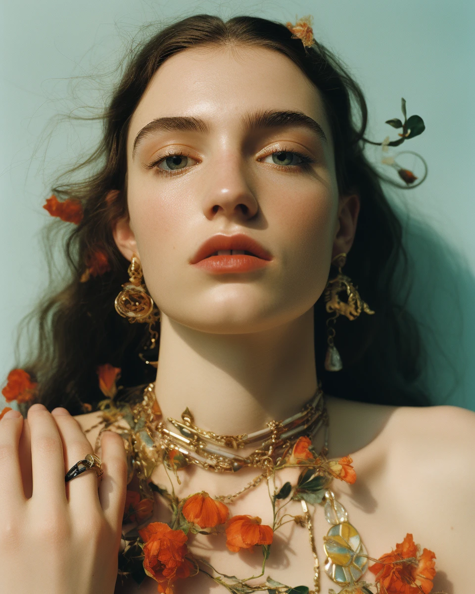 Model portrait with flowers and jewelries a... – Midjourney Prompt
