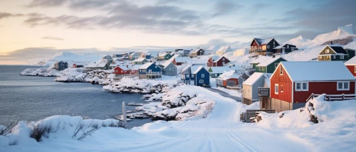 Snow-covered houses on a coast by Midjourney