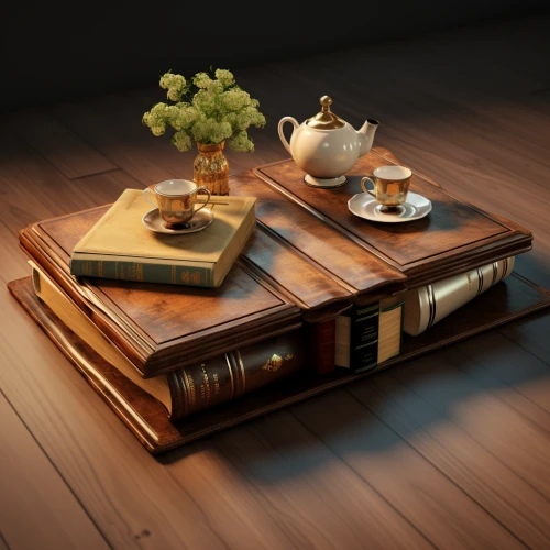 Teapot, cups, vase, and books on the wooden surface by Midjourney