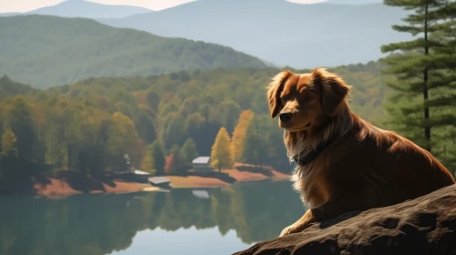 Dog sitting on a rock overlooking a mountain lake by Midjourney