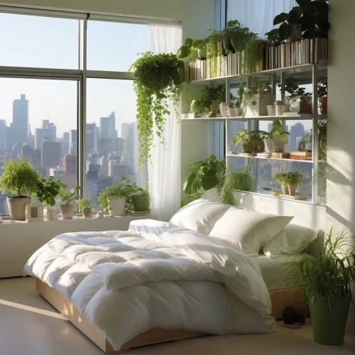 Bedroom with a city view by Midjourney