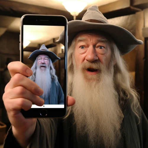 Gandalf holding a cell phone with a selfie by Midjourney