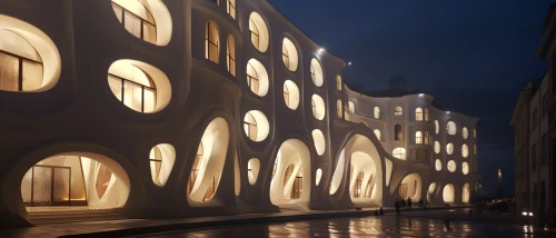 Futuristic building with many round formed windows by Midjourney