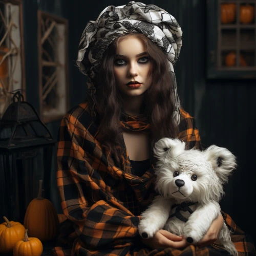Woman in a cozy costume for Halloween party by Midjourney