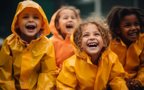 Smiling group of children wearing yellow raincoats by Midjourney