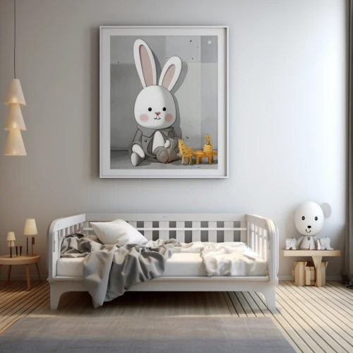 White kids bedroom with a picture of a rabbit by Midjourney